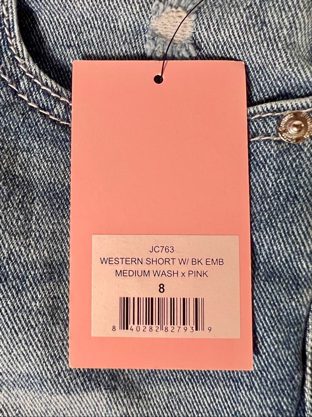 Juicy Western Short With Juicy in Pink Script Across Backside Medium Wash 8 NWT - Picture 16 of 16